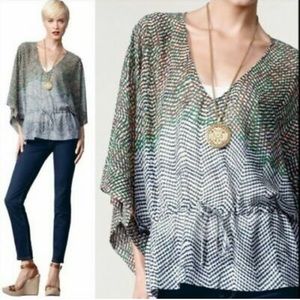CAbi Sheer Chevron Print Blouse in Black, White & Green